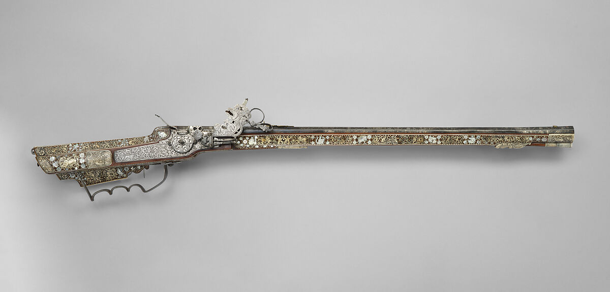 Wheellock Rifle, Johannes Hartel (Polish, Cieszyn (Silesian), active ca. 1650), Steel, silver, wood (red beech), staghorn, mother of pearl, Silesian, Cieszyn 