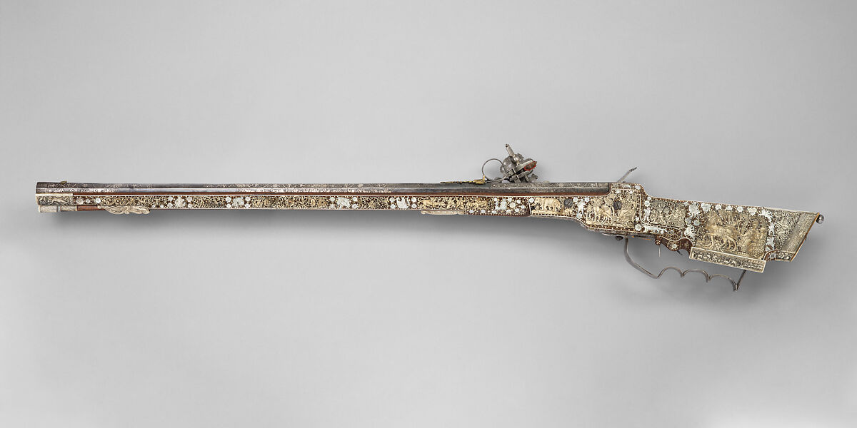 Wheellock Rifle, Johannes Hartel (Polish, Cieszyn (Silesian), active ca. 1650), Steel, silver, wood (red beech), staghorn, mother of pearl, Silesian, Cieszyn