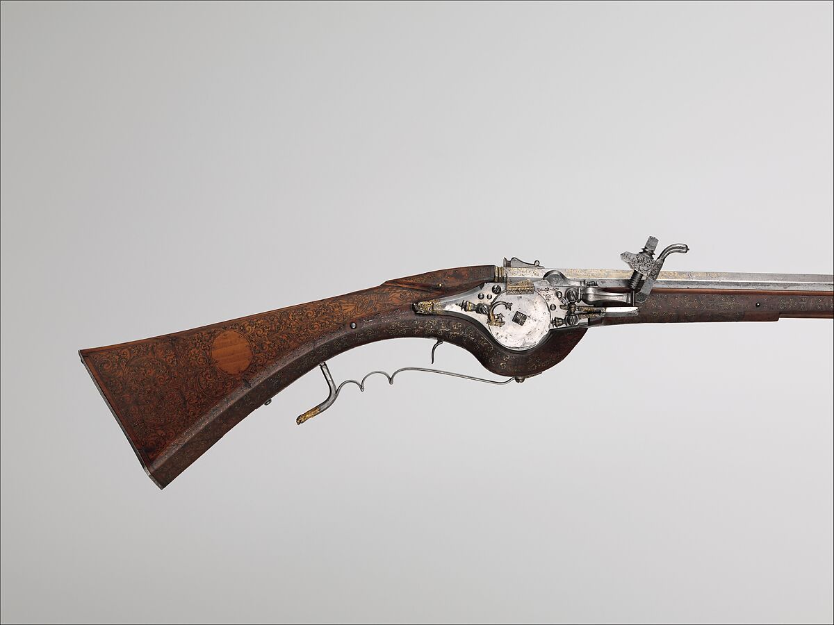 Wheellock Gun, Steel, gold, wood (red beech), silver, brass, French