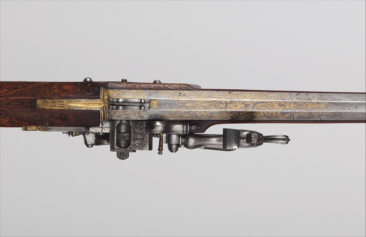 Wheellock Gun, Steel, gold, wood (red beech), silver, brass, French