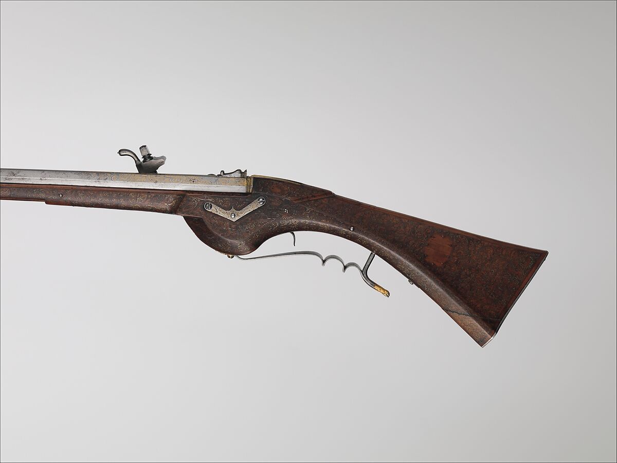 Wheellock Gun, Steel, gold, wood (red beech), silver, brass, French