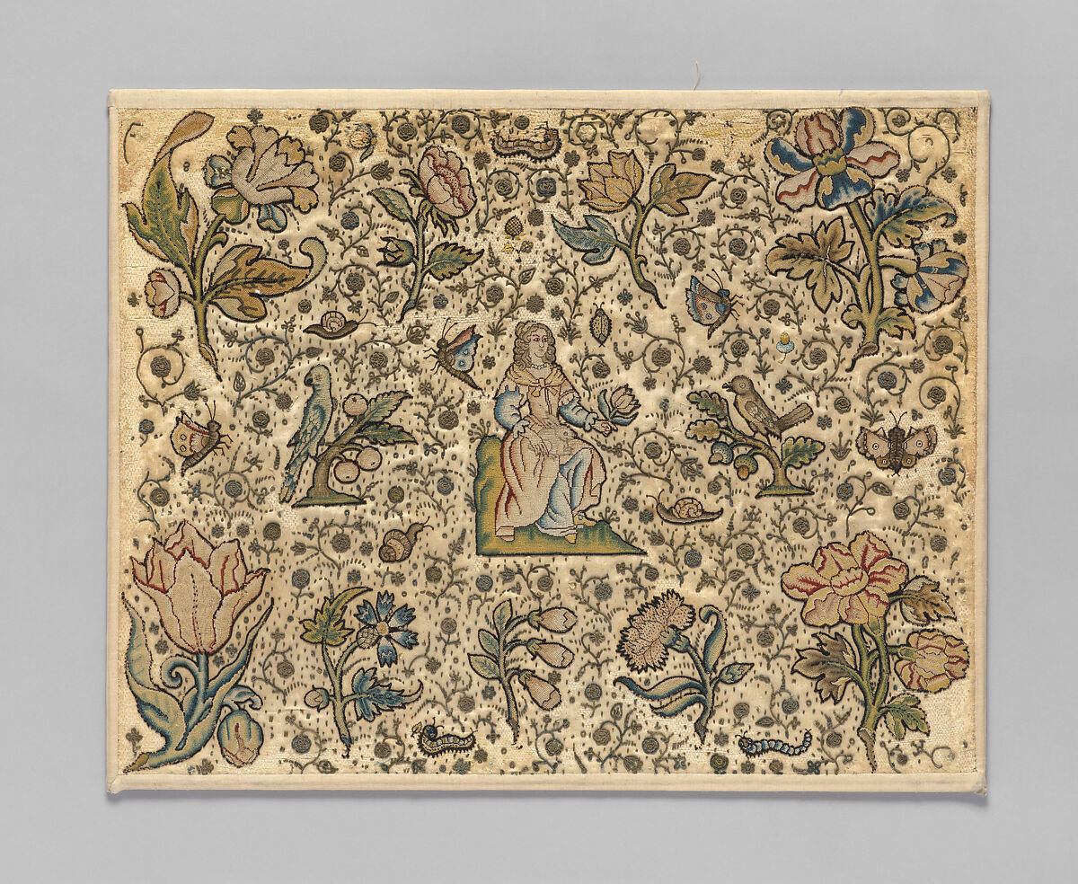 A lady in a garden, Silk on canvas, applied on satin, and metal thread, British 