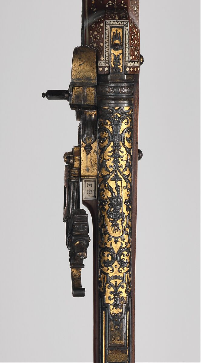 Wheellock Rifle, Caspar Spät (German, Munich, ca. 1611–1691), Steel, gold, fruitwood, staghorn, bone, German, Munich and Augsburg