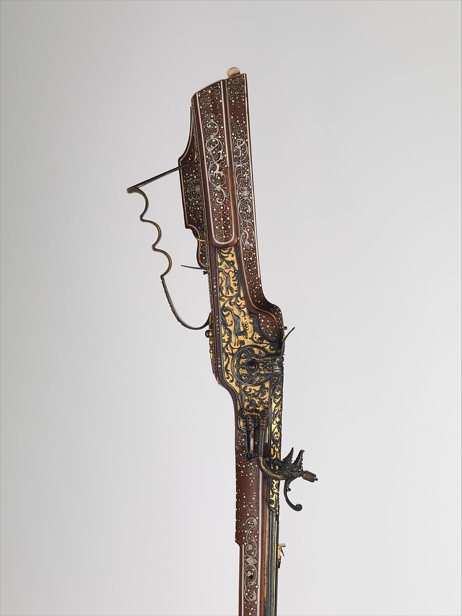 Wheellock Rifle, Caspar Spät (German, Munich, ca. 1611–1691), Steel, gold, fruitwood, staghorn, bone, German, Munich and Augsburg