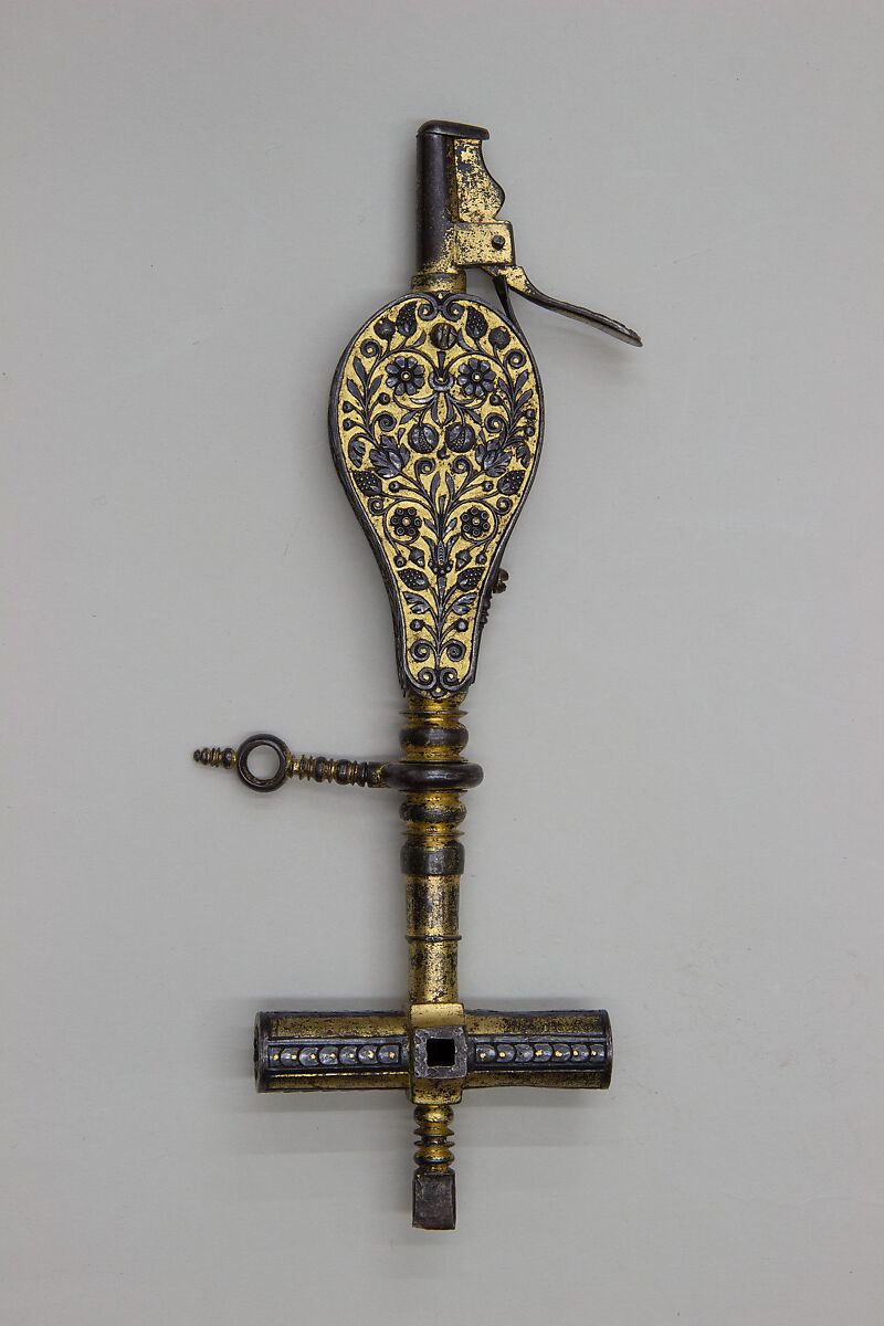 Wheellock Spanner with Priming Flask and Screwdriver, Workshop of Daniel Sadeler (German, Munich, recorded 1602–32), Steel, gold, German, Munich 