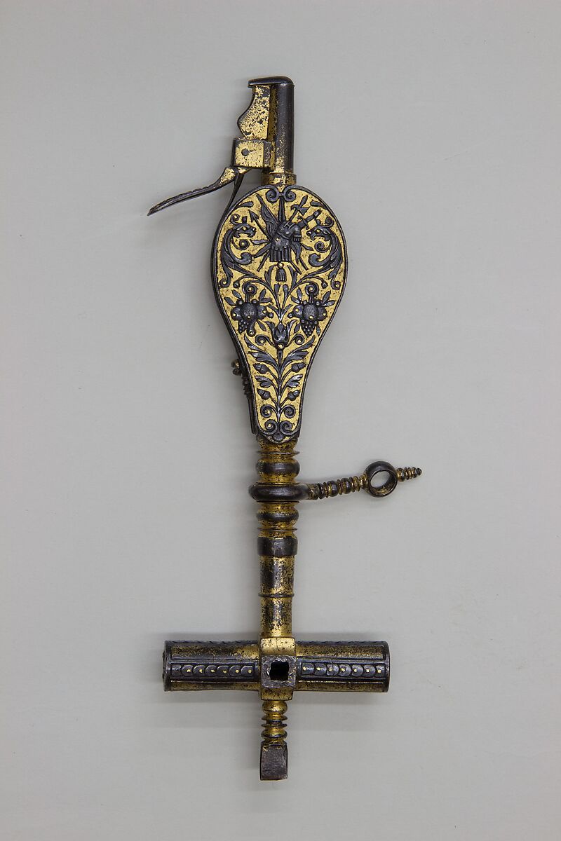 Wheellock Spanner with Priming Flask and Screwdriver, Workshop of Daniel Sadeler (German, Munich, recorded 1602–32), Steel, gold, German, Munich