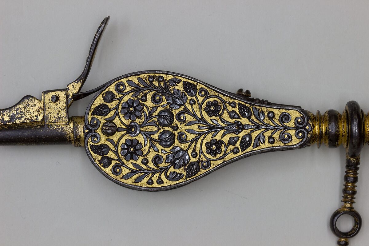 Wheellock Spanner with Priming Flask and Screwdriver, Workshop of Daniel Sadeler (German, Munich, recorded 1602–32), Steel, gold, German, Munich