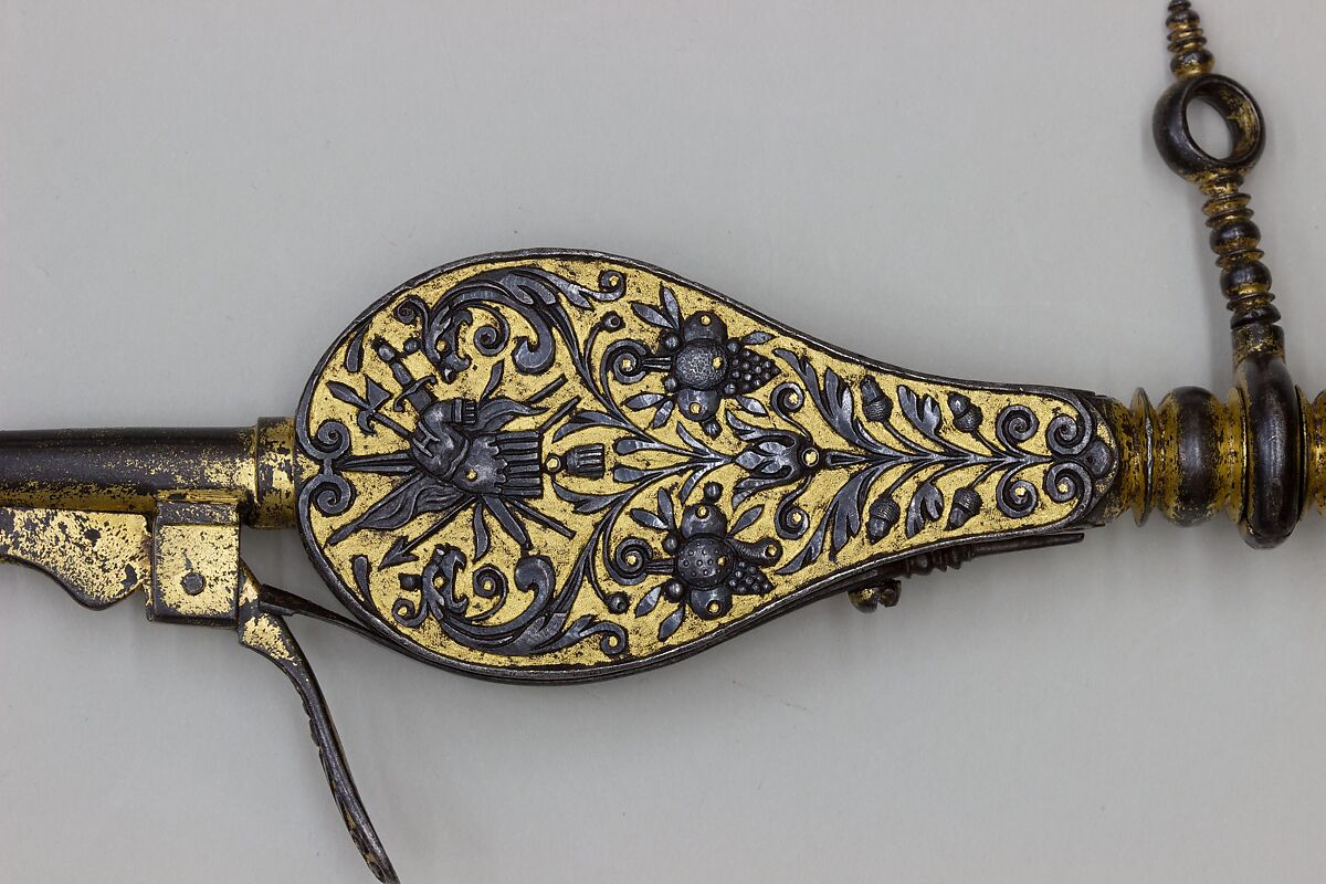 Wheellock Spanner with Priming Flask and Screwdriver, Workshop of Daniel Sadeler (German, Munich, recorded 1602–32), Steel, gold, German, Munich