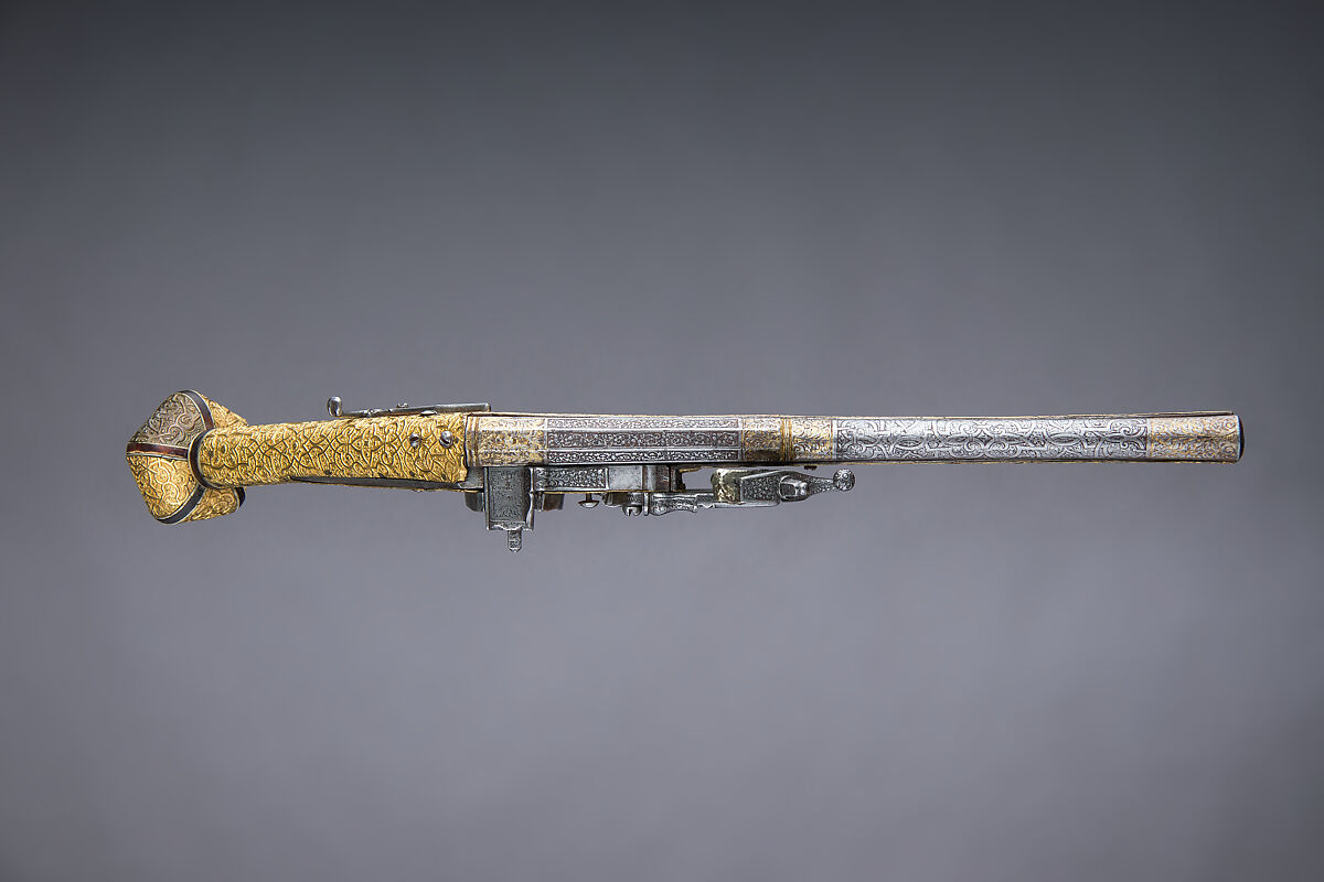 Wheellock Pistol, Steel, gold, copper, wood, horn, German, Augsburg