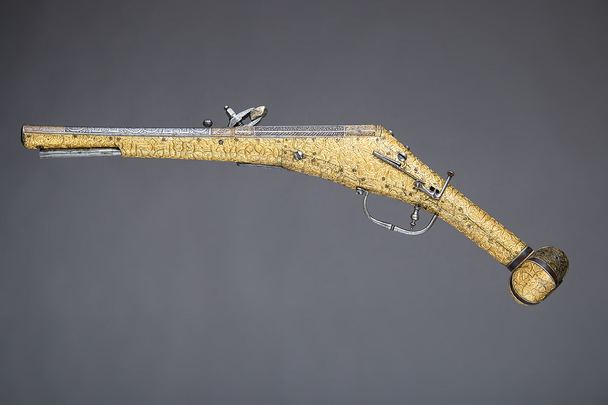 Wheellock Pistol, Steel, gold, copper, wood, horn, German, Augsburg