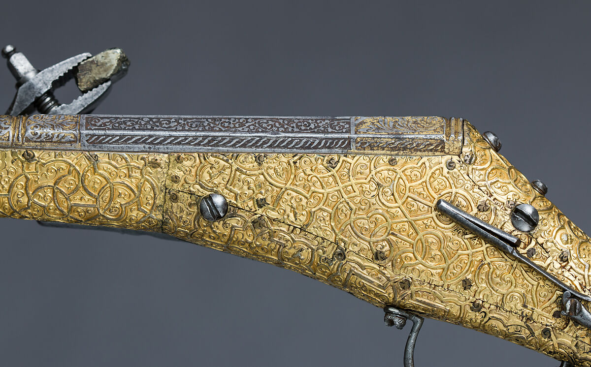 Wheellock Pistol, Steel, gold, copper, wood, horn, German, Augsburg