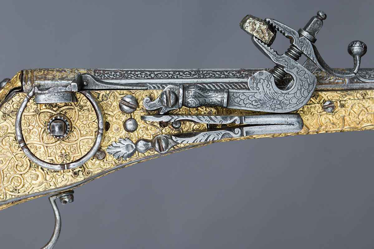 Wheellock Pistol, Steel, gold, copper, wood, horn, German, Augsburg