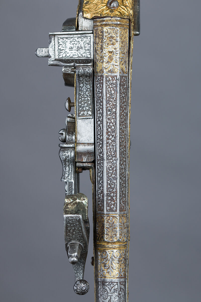 Wheellock Pistol, Steel, gold, copper, wood, horn, German, Augsburg