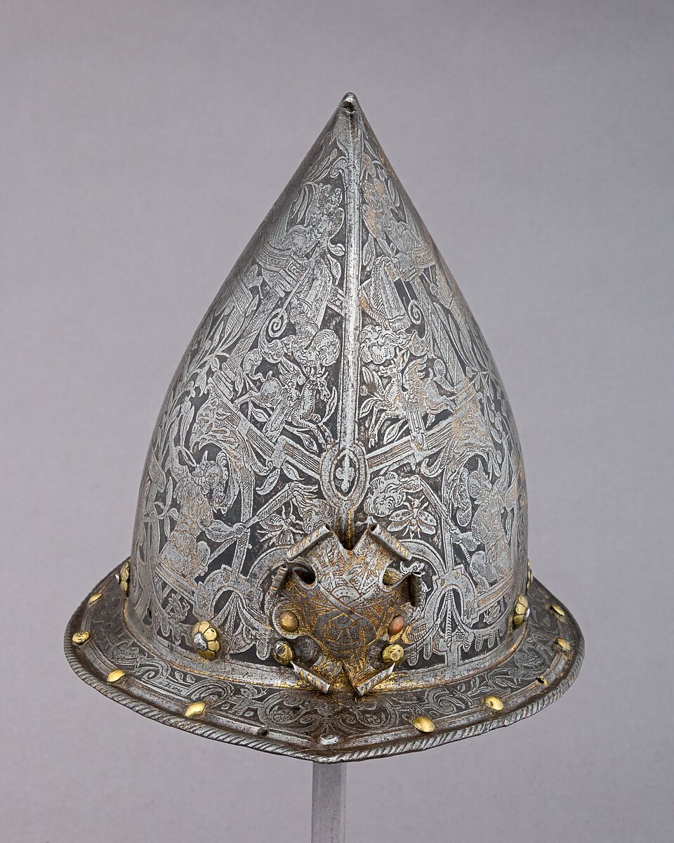 Cabasset, Steel, gold, copper alloy, Flemish, possibly Antwerp