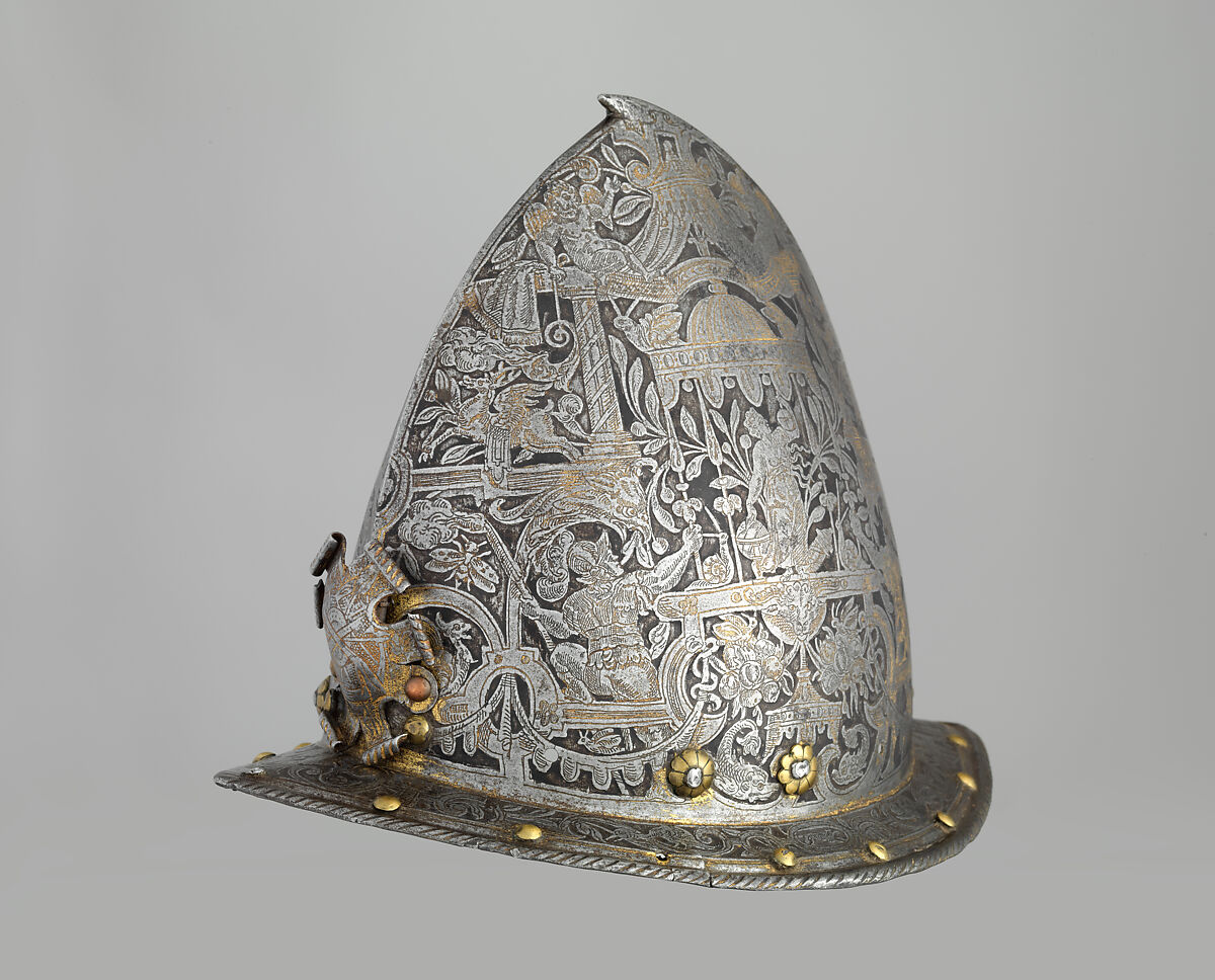 Cabasset, Steel, gold, copper alloy, Flemish, possibly Antwerp