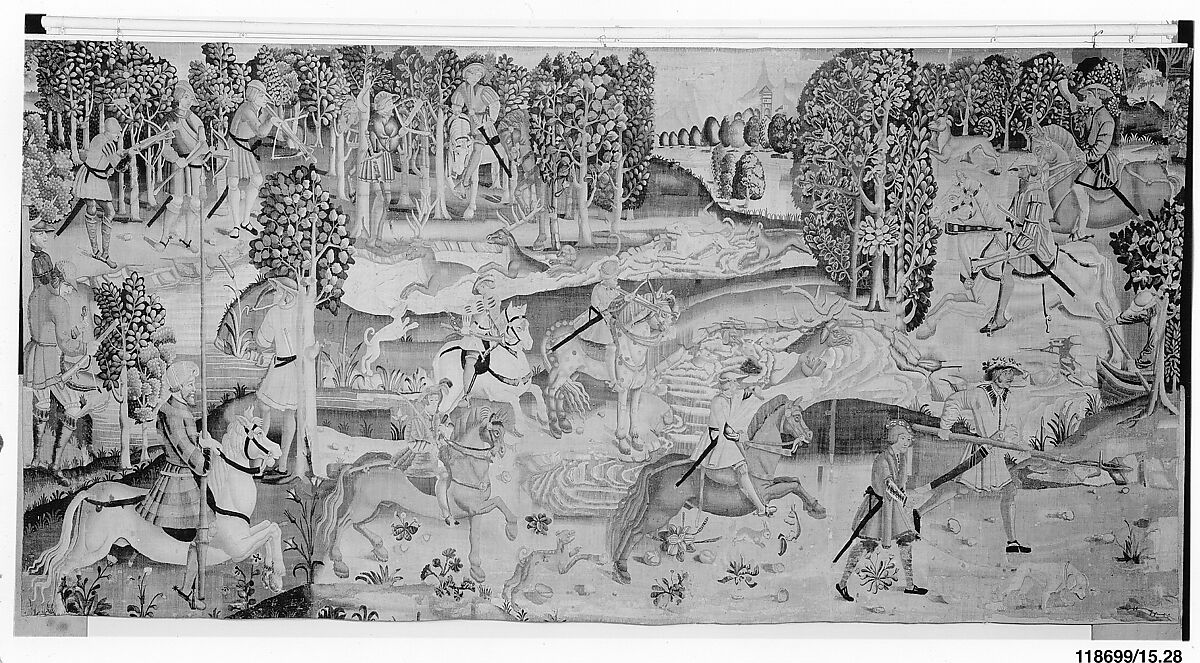 Stag Hunt, After a woodcut by Lucas Cranach the Elder (German, Kronach 1472–1553 Weimar), Wool, silk (13-15 warps per inch, 5-6 per cm.), German, possibly Rhineland 