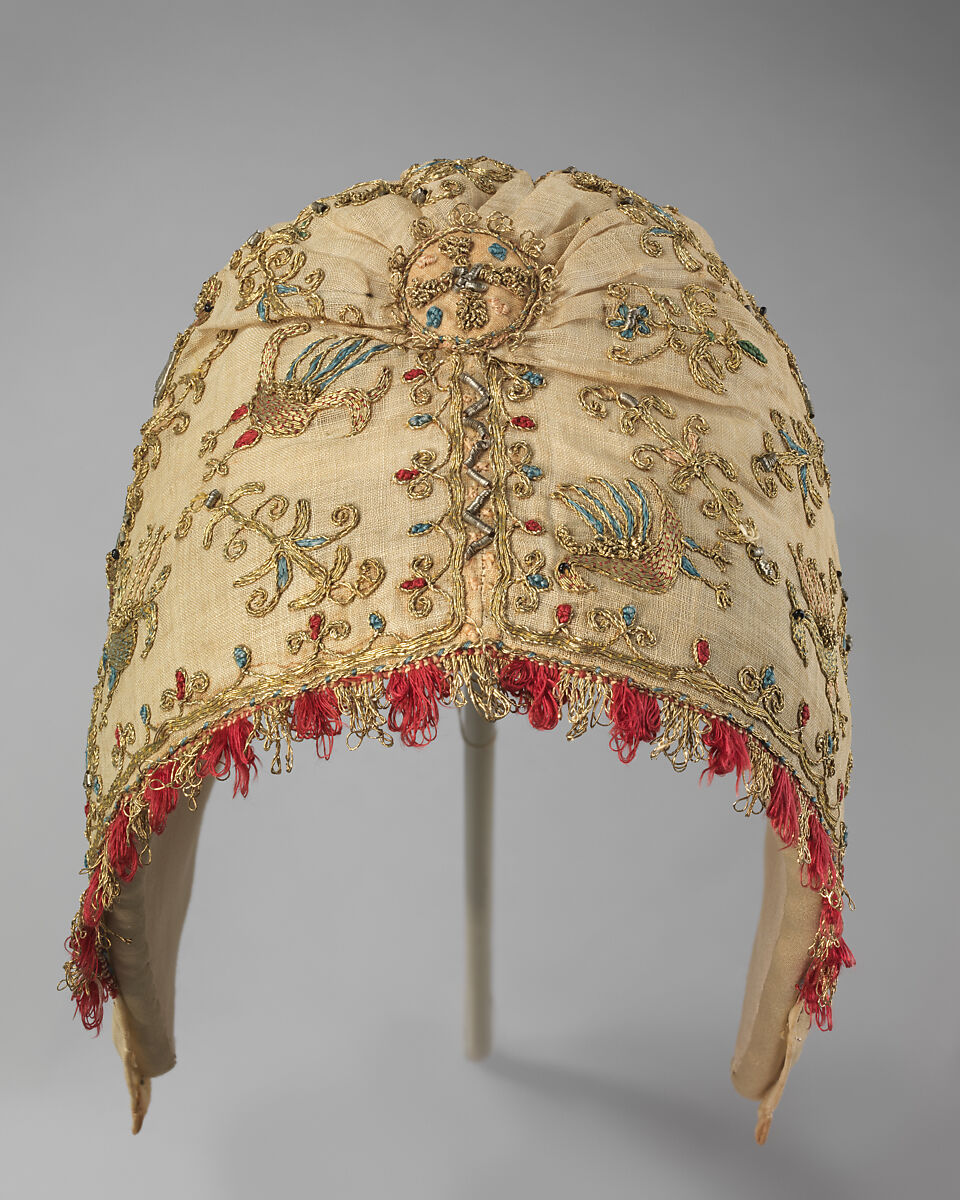 Woman's cap, Linen and silk, metal-wrapped thread, glass beads, Italian, Venice