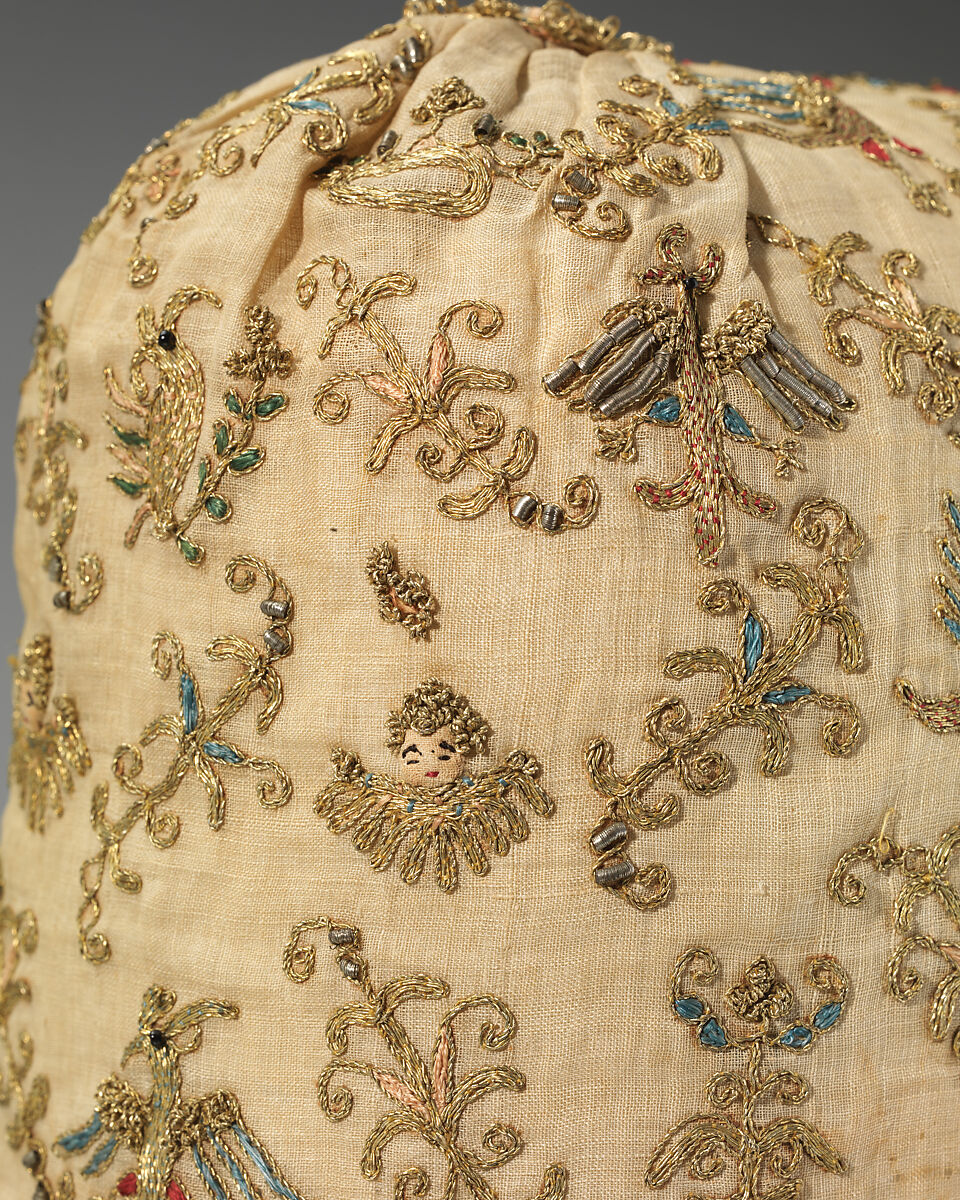 Woman's cap, Linen and silk, metal-wrapped thread, glass beads, Italian, Venice