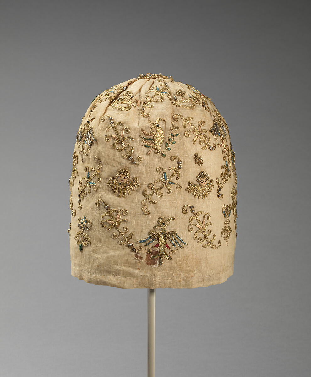 Woman's cap, Linen and silk, metal-wrapped thread, glass beads, Italian, Venice