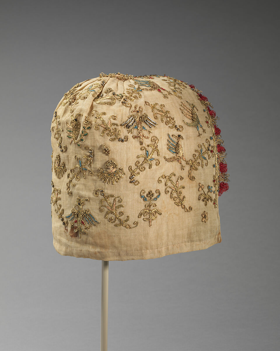 Woman's cap, Linen and silk, metal-wrapped thread, glass beads, Italian, Venice