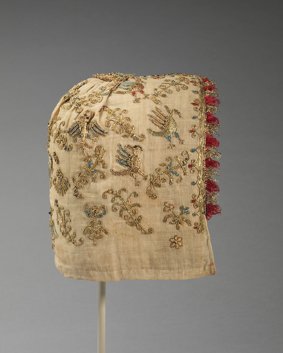 Woman's cap, Linen and silk, metal-wrapped thread, glass beads, Italian, Venice