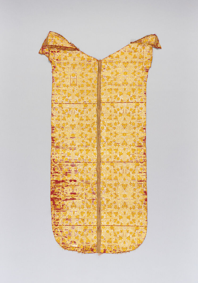 Two strips of red, yellow and white lampas silk; possibly originally part of a chasuble, Silk, linen and metal thread, Spanish