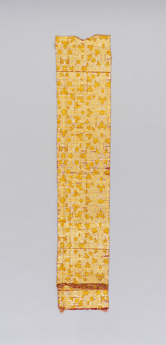 Patched strip of red, yellow and white lampas silk; possibly originally part of a chasuble, Silk, linen and metal thread, Spanish