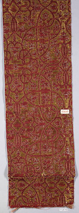 Patched strip of red, yellow and white lampas silk; possibly originally part of a chasuble, Silk, linen and metal thread, Spanish 