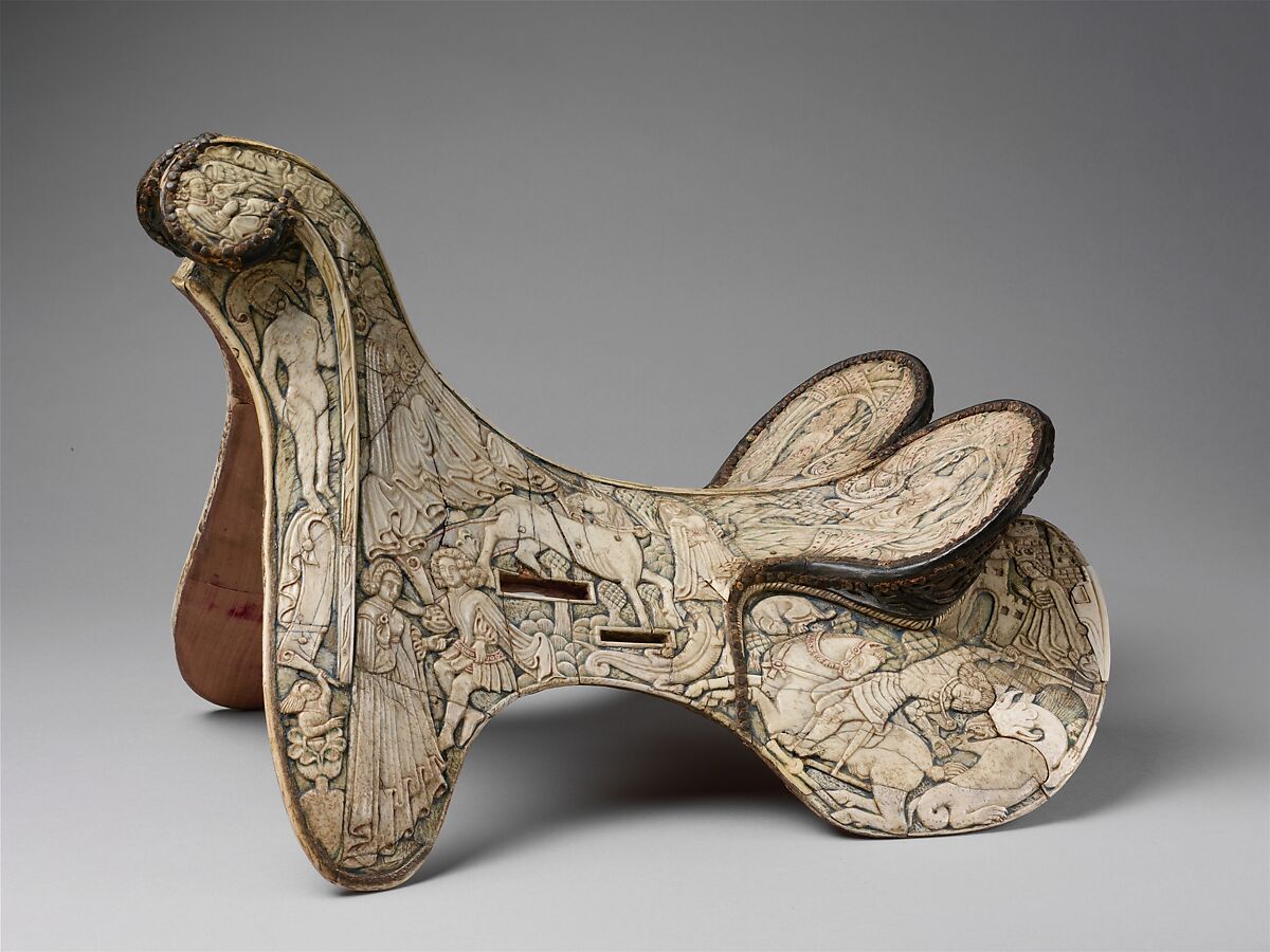 Parade Saddle, Bone, polychromy, wood, leather, iron alloy, German or Tyrolean