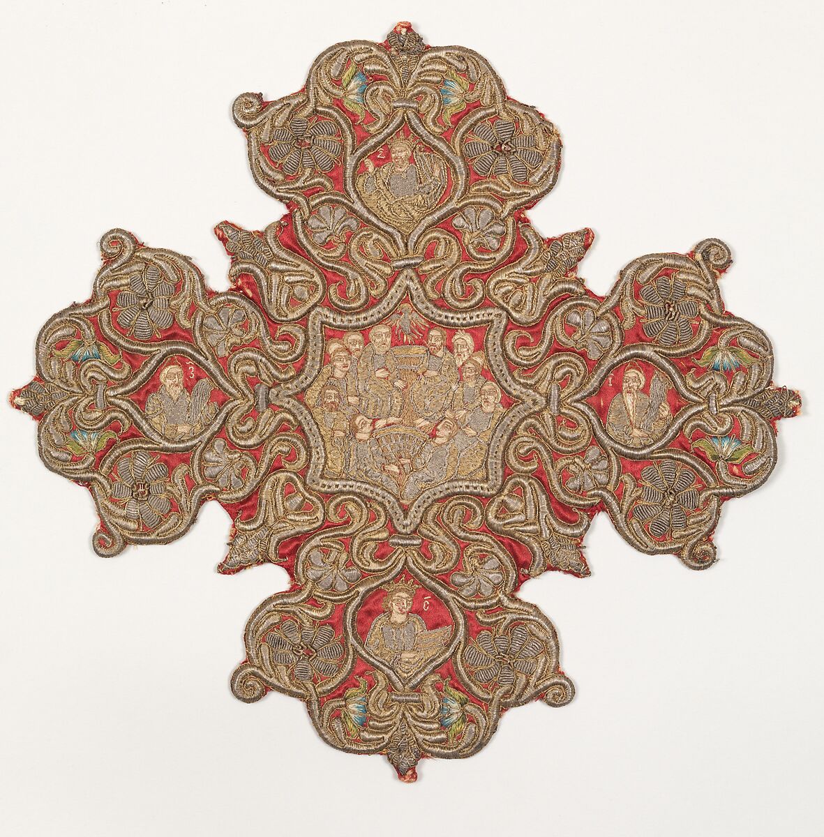 Embroidered cross from an Omophorion, Silk and metal thread embroidery on a foundation of silk satin backed with linen plain weave, Ottoman 