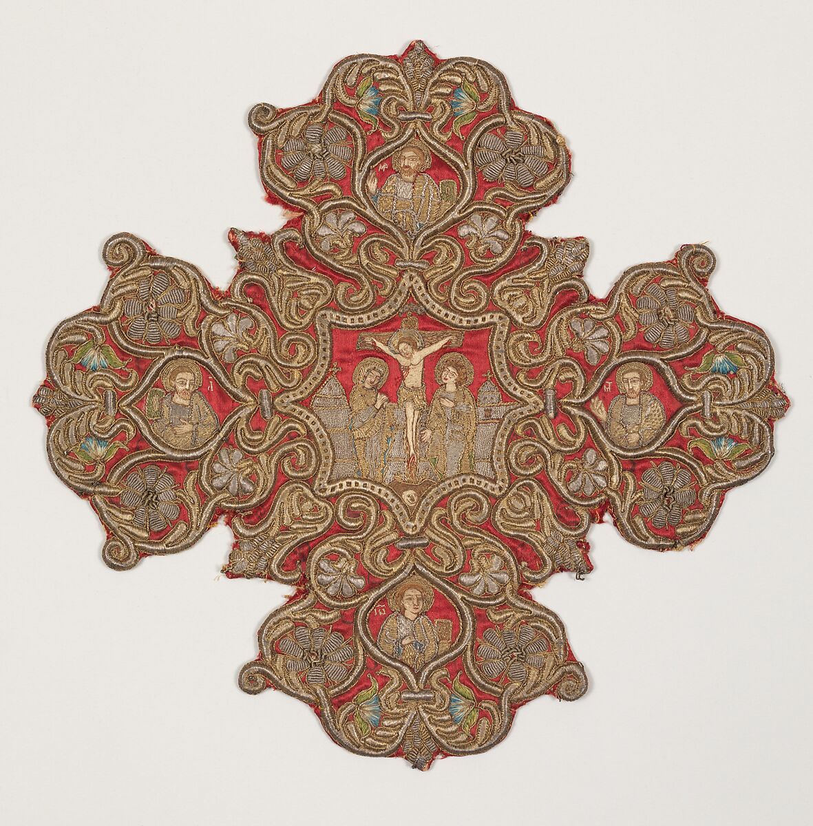 Embroidered cross from an Omophorion, Silk and metal thread embroidery on a foundation of silk satin backed with linen plain weave, Ottoman 