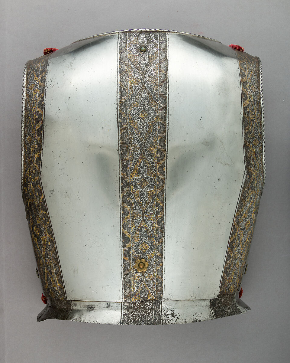 Composed Armor, Helmet, arm defenses, gauntlets and leg defenses by Wolfgang Grosschedel (German, Landshut, active ca. 1517–62), Steel, gold, leather, textile, copper alloy, German, Landshut and Augsburg; gorget, Italian
