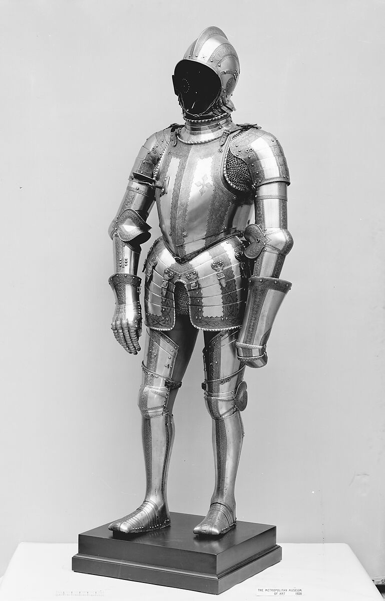 Composed Armor, Helmet, arm defenses, gauntlets and leg defenses by Wolfgang Grosschedel (German, Landshut, active ca. 1517–62), Steel, gold, leather, textile, copper alloy, German, Landshut and Augsburg; gorget, Italian 