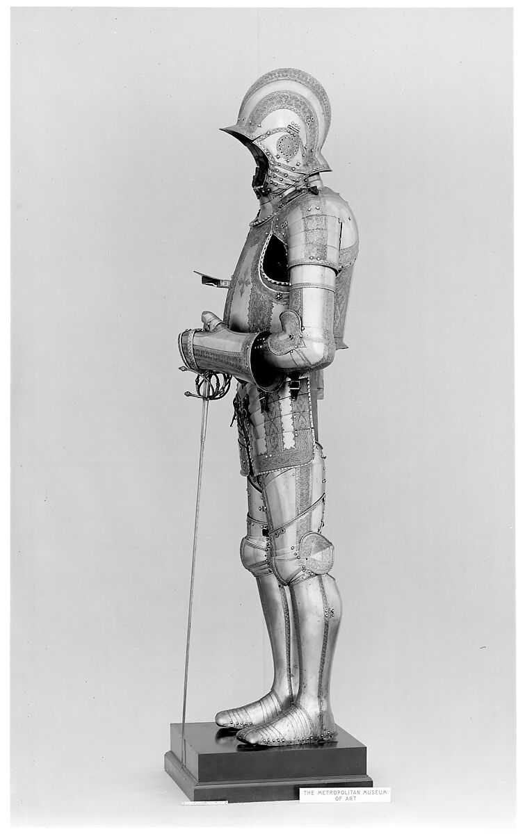 Composed Armor, Helmet, arm defenses, gauntlets and leg defenses by Wolfgang Grosschedel (German, Landshut, active ca. 1517–62), Steel, gold, leather, textile, copper alloy, German, Landshut and Augsburg; gorget, Italian