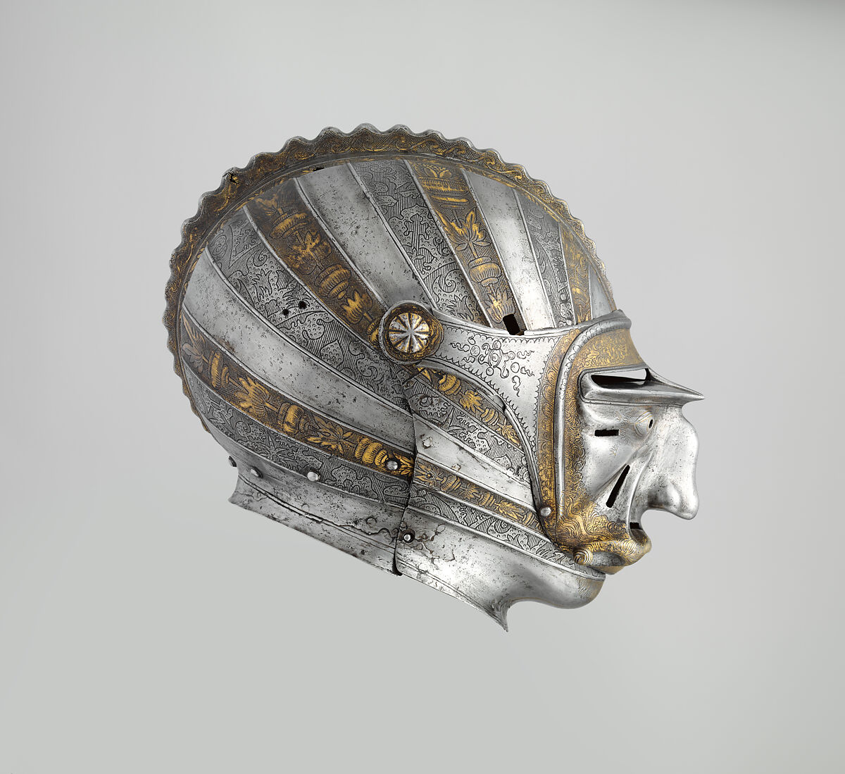 Armor, Helmet attributed to Kolman Helmschmid (German, Augsburg 1471–1532), Steel, gold, leather, German, Augsburg and Landshut