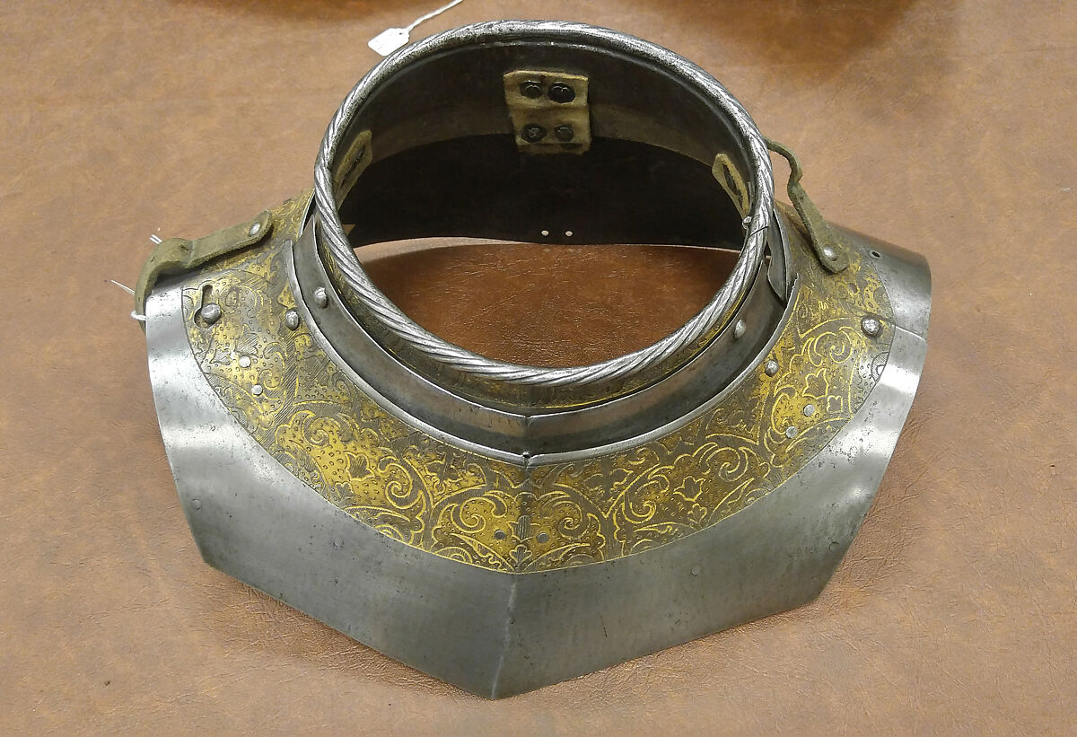 Armor, Helmet attributed to Kolman Helmschmid (German, Augsburg 1471–1532), Steel, gold, leather, German, Augsburg and Landshut