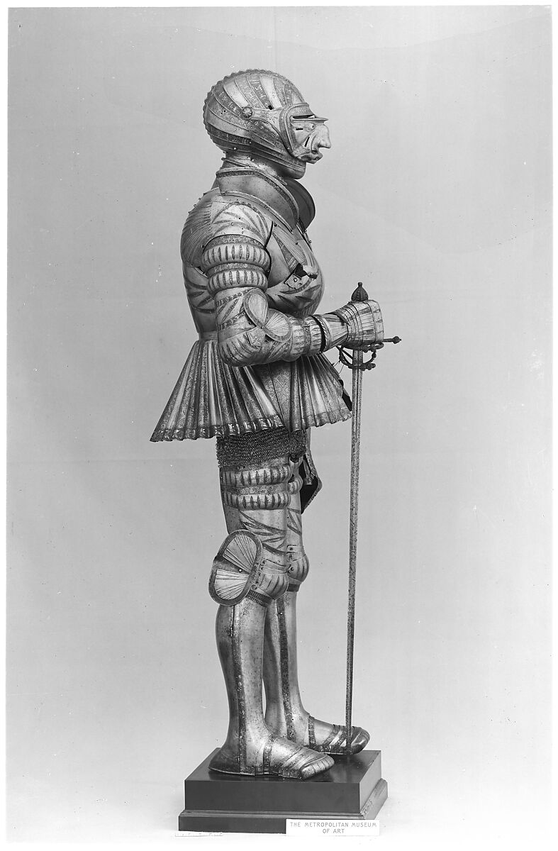 Armor, Helmet attributed to Kolman Helmschmid (German, Augsburg 1471–1532), Steel, gold, leather, German, Augsburg and Landshut