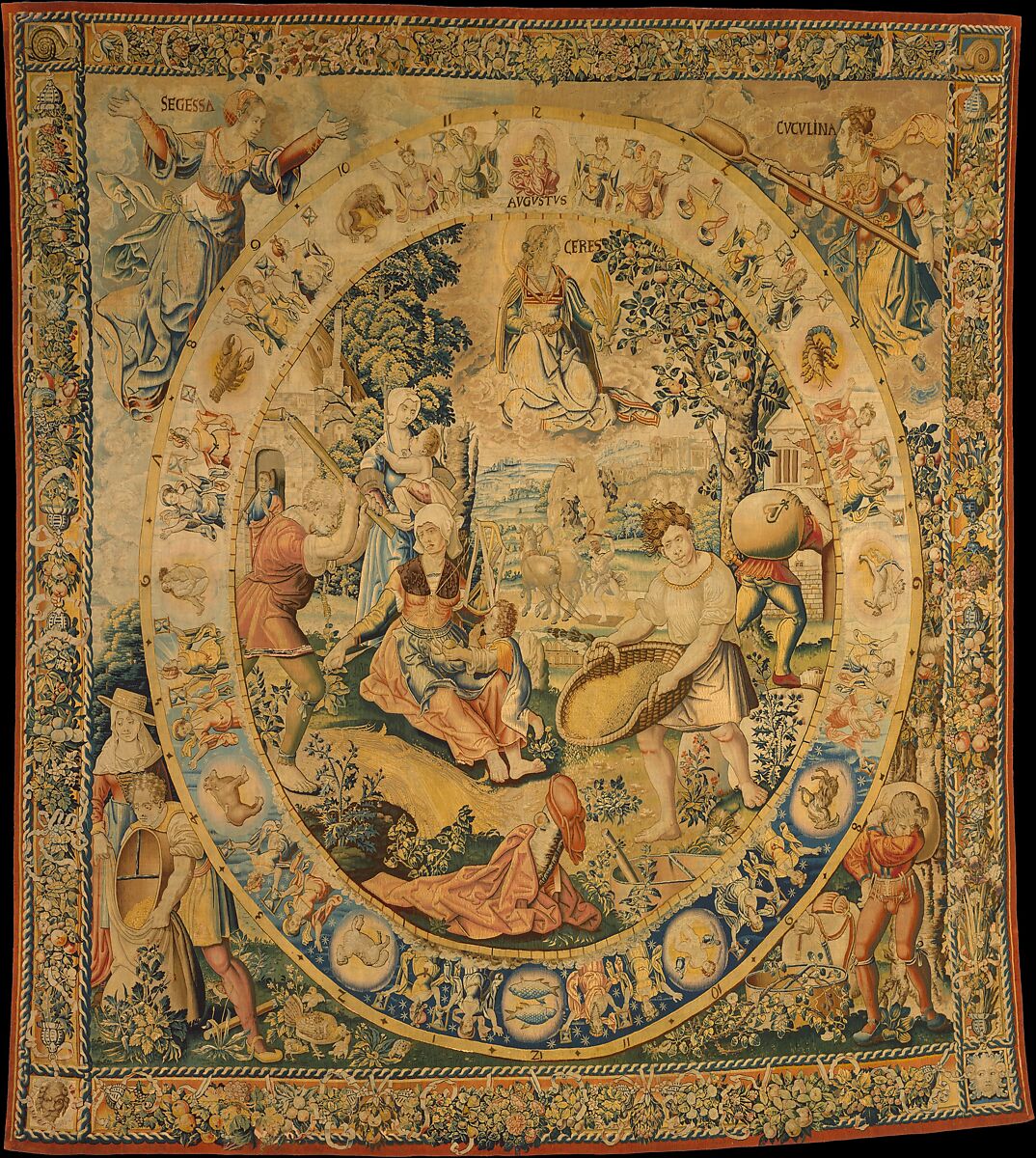 August from a set of Medallion Months, Possibly after a design by the workshop of Bernard van Orley (Netherlandish, Brussels ca. 1492–1541/42 Brussels), Wool, silk (20 warps per inch, 8 per cm.), Netherlandish, Brussels 
