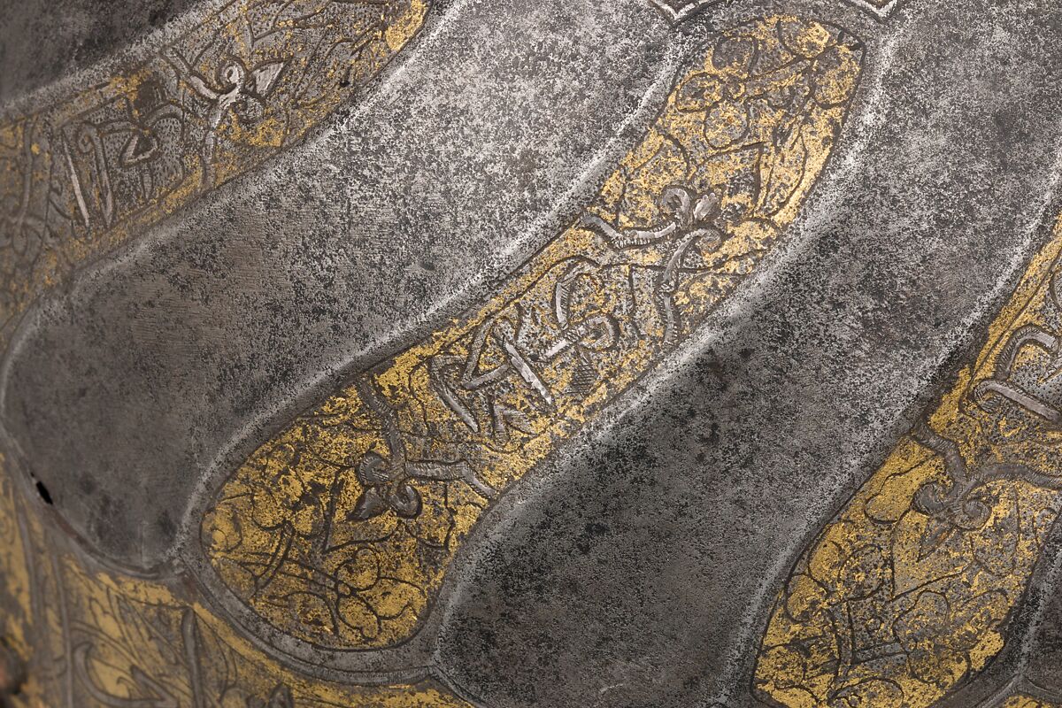 Turban Helmet, Steel, iron, gold, silver, copper alloy, Turkish, possibly Istanbul, in the style of Turkman armor