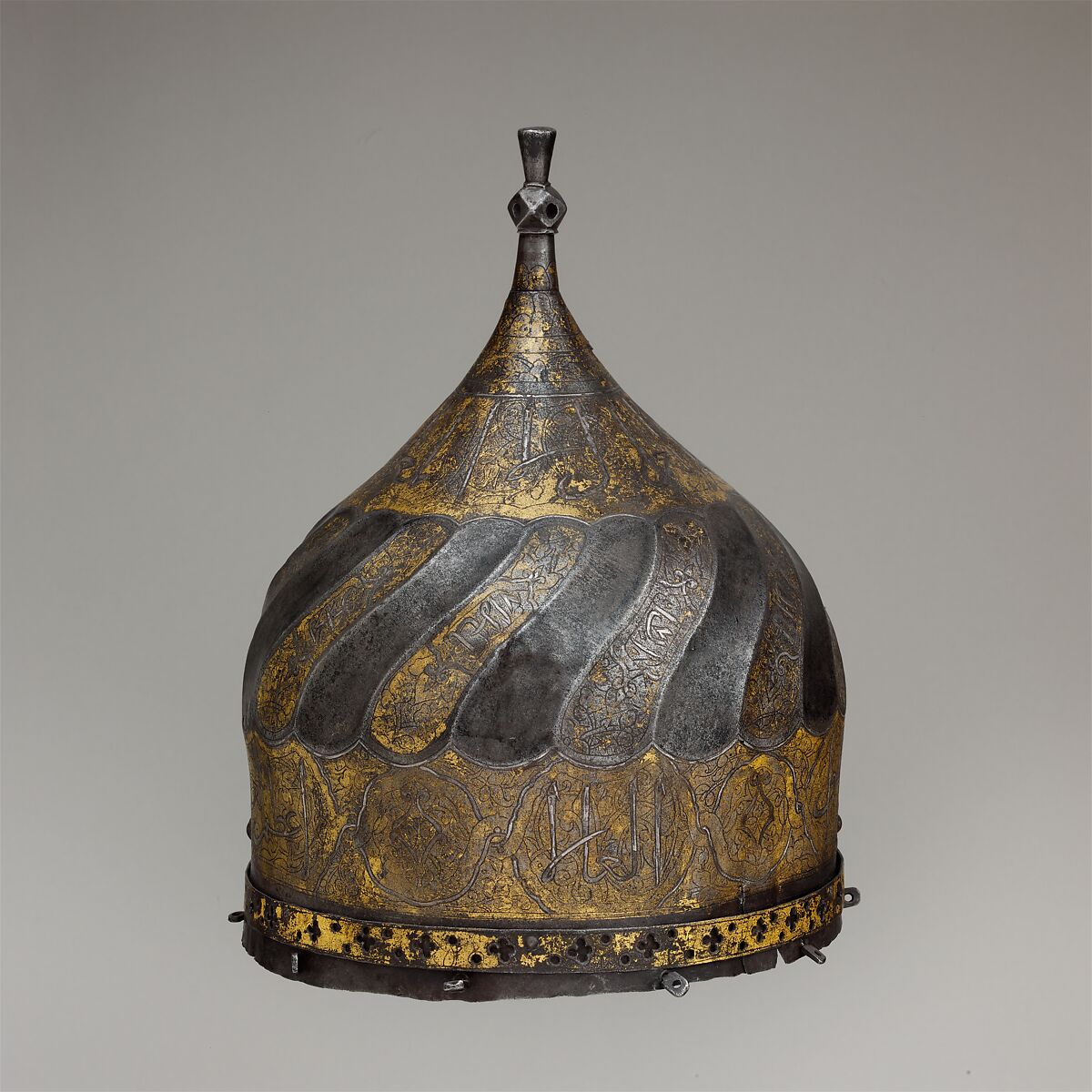 Turban Helmet, Steel, iron, gold, silver, copper alloy, Turkish, possibly Istanbul, in the style of Turkman armor