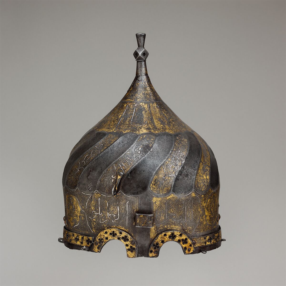 Turban Helmet, Steel, iron, gold, silver, copper alloy, Turkish, possibly Istanbul, in the style of Turkman armor