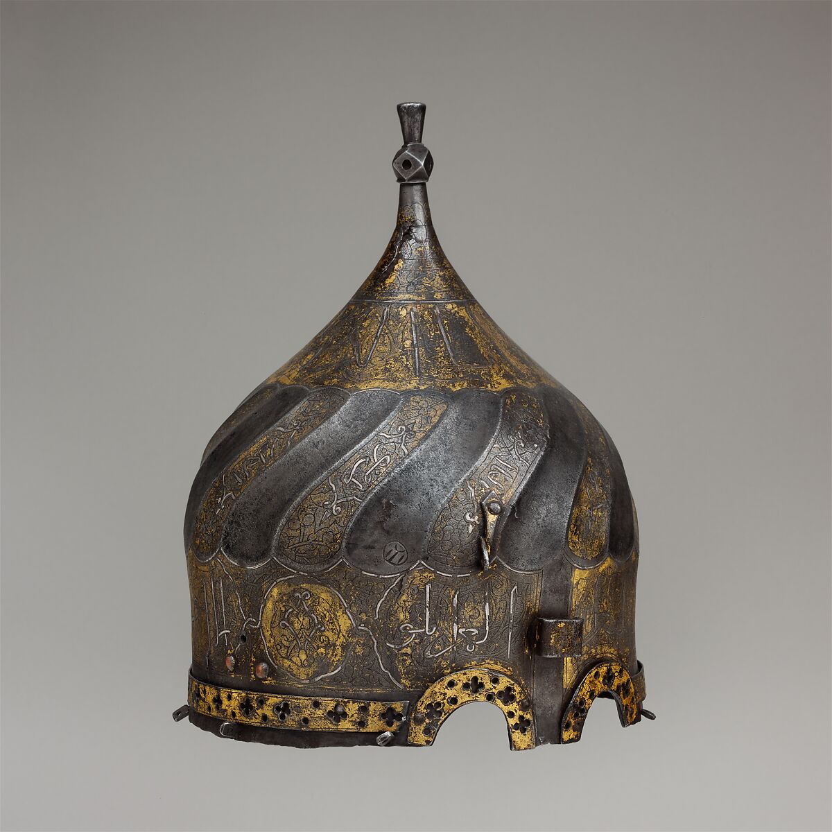 Turban Helmet, Steel, iron, gold, silver, copper alloy, Turkish, possibly Istanbul, in the style of Turkman armor 