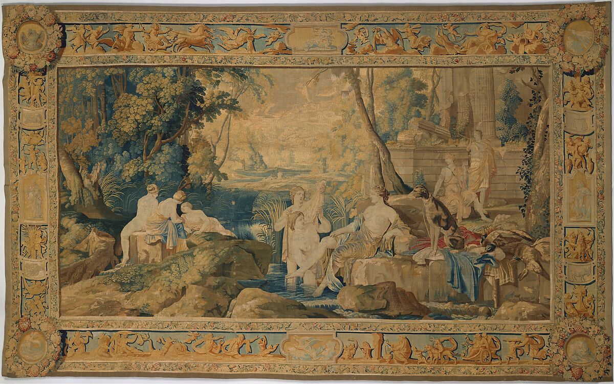 Diana and her Nymphs, After a painting by Laurent de La Hyre (French, Paris 1606–1656 Paris), Wool, silk, silver-gilt thread (22-23 warps per inch, 8-9 per cm.), French, Paris 