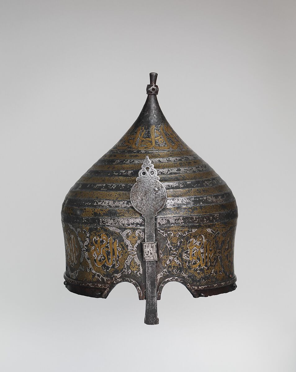 Turban Helmet, Steel, iron, silver, copper alloy, Western Iranian, in the style of Turkman armor 