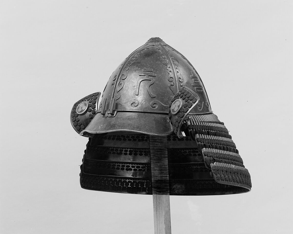 Helmet (Kabuto), Iron, lacquer, silk, brass, Japanese 