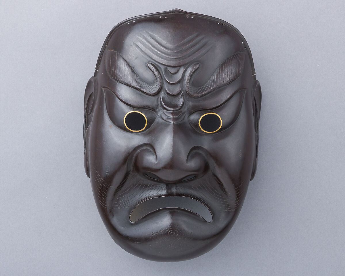 Mask (Sōmen) in the Shape of a Grimacing Man, Inscribed by Myōchin Munesuke (Japanese, Edo period, 1688–1735), Iron, lacquer, gold, Japanese 