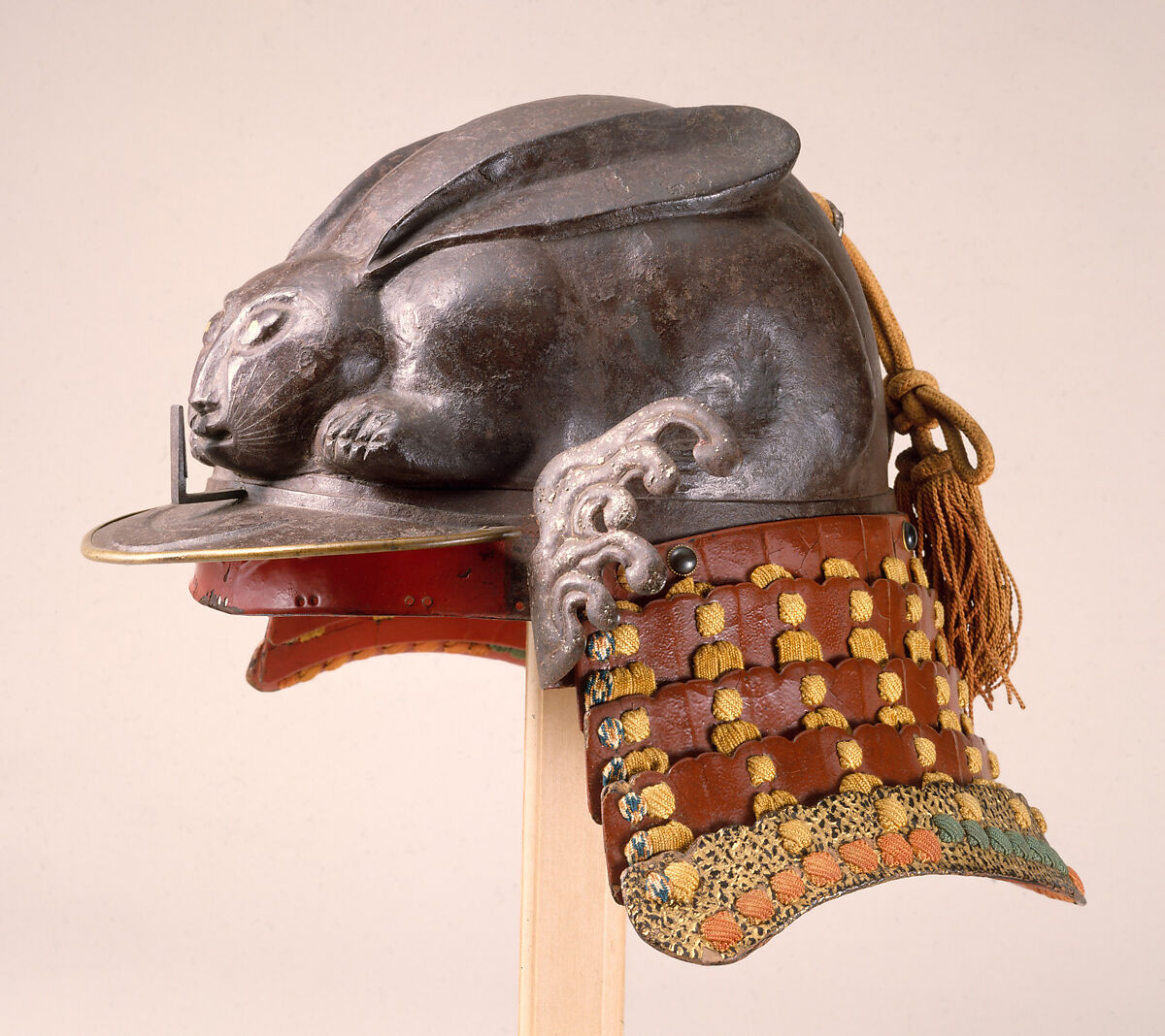 Helmet in the Shape of a Crouching Rabbit, Iron, lacquer, silver, gold, leather, silk, Japanese