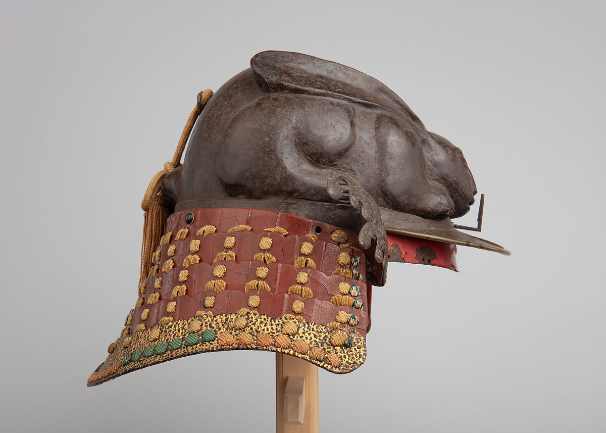 Helmet in the Shape of a Crouching Rabbit, Iron, lacquer, silver, gold, leather, silk, Japanese