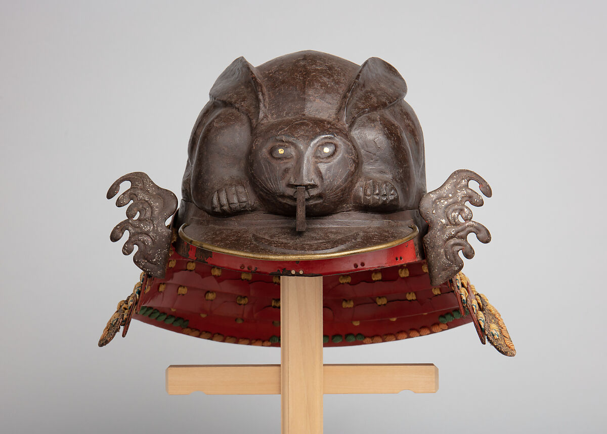 Helmet in the Shape of a Crouching Rabbit, Iron, lacquer, silver, gold, leather, silk, Japanese
