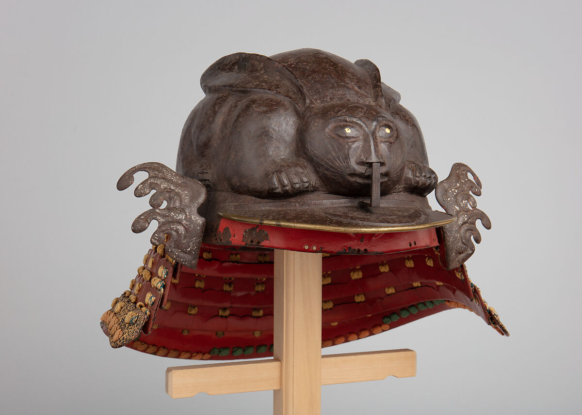 Helmet in the Shape of a Crouching Rabbit, Iron, lacquer, silver, gold, leather, silk, Japanese